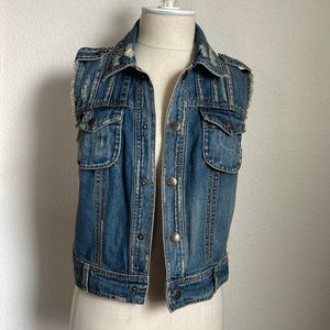 Free people denim distressed vest with back knit crochet